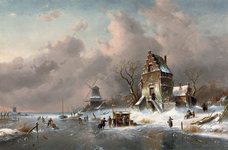 Numerous skaters near a koek-en-zopie on a frozen waterway by a mansion,